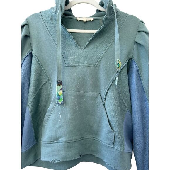 LoveShackFancy Women's 100% Cotton Distressed Hooded Sweater Blue Size XS - Picture 4 of 8